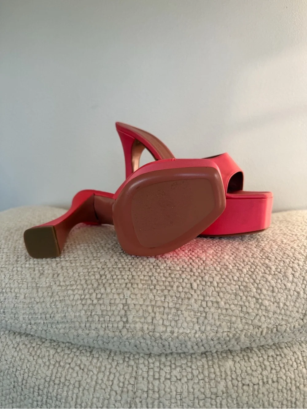 Amina Muaddi Coral-Pink Satin Platform Mule Heels